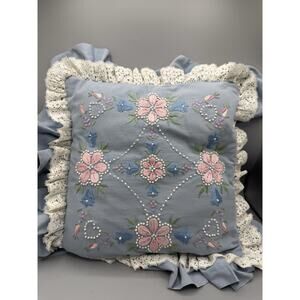 Vintage Blue Floral Embroidered Throw Pillow Lace Ruffle Cottage Shabby Chic